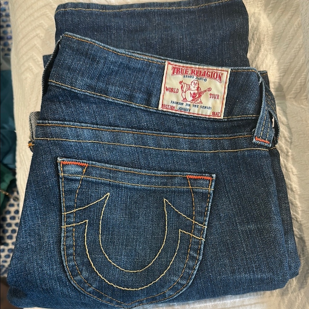 True Religion Blue Boot Cut Jeans with Signature Stitching